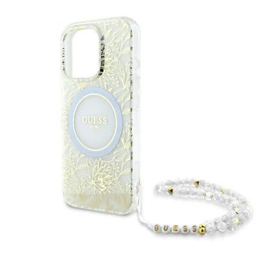 5. Guess IML Flowers Allover Electro With Pearl Strap MagSafe-Hülle für iPhone 16 Pro – Weiß