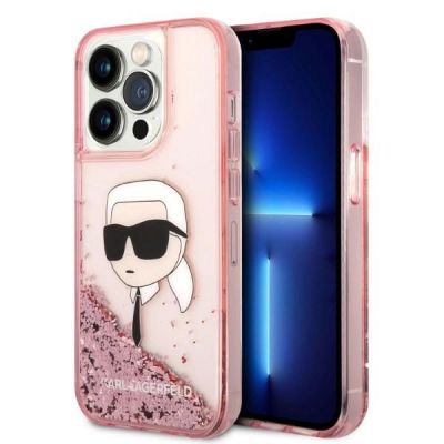 Karl Lagerfeld Glitzer Karl's Head Hülle für iPhone 14 Pro Max – Rosa