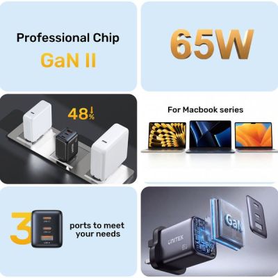 4. UNITEK GAN Wandladegerät 2x USB-C USB-A, PD 3.0, 65W, Schwarz