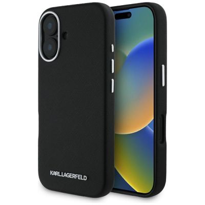 Karl Lagerfeld Saffiano Vollständig umwickelte längliche Metalllogo-MagSafe-iPhone 16-Hülle - Schwarz