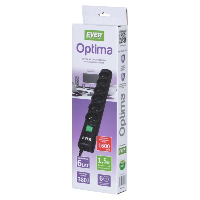 8. Ever OPTIMA Überspannungsschutz 1,5 m (6 x UTE; 10 A; schwarz) (T/LZ08-OPT015/0000)