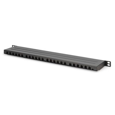 3. Hochdichtes Patchpanel 19 Zoll, 24x RJ45, LSA-Level, Cat. 6, geschirmt, 0,5 HE, schwarz, Kabelführung