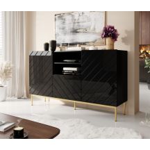 ABETO Kommode auf goldfarbenem Stahlgestell, 150x42x90, schwarz/glänzend schwarz