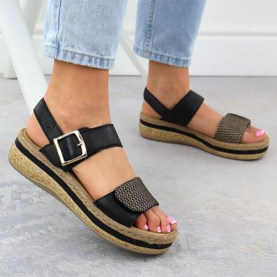6. Schwarze Keilsandalen aus Leder für Damen mit Klettverschluss, Rieker V0951