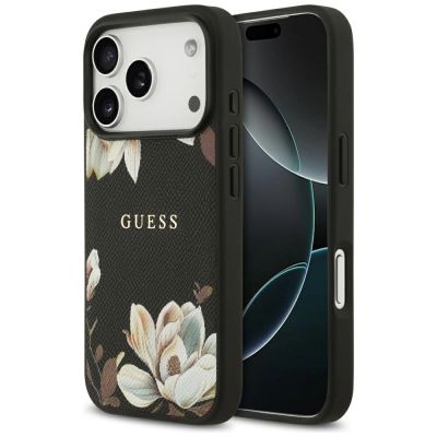 Guess Grained Flowers Classic Logo MagSafe Hülle für iPhone 17 Pro - Schwarz