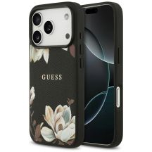 Guess Grained Flowers Classic Logo MagSafe Hülle für iPhone 17 Pro - Schwarz