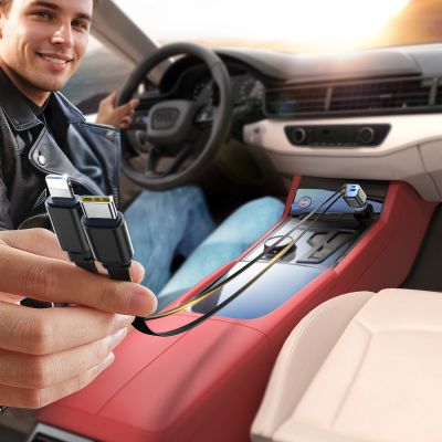 3. Joyroom JR-CCL05 30W 4-in-1 Autoladegerät mit 2 integrierten, einziehbaren Kabeln – Dunkelgrau