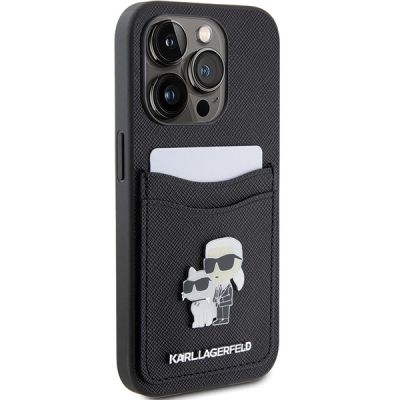 4. Karl Lagerfeld Saffiano Cardslot Karl&Choupette Metal Pin Hülle für iPhone 15 Pro – Schwarz