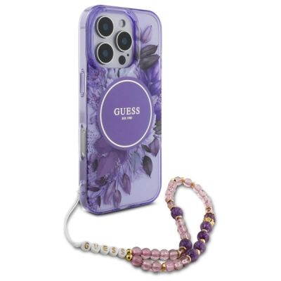 3. Guess IML Flowers MagSafe Hülle mit Perlenriemen für iPhone 16 Pro Max – Lila