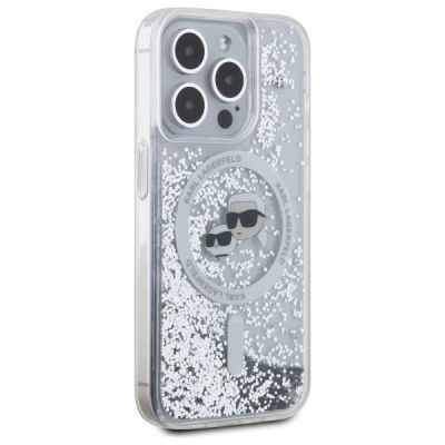 4. Karl Lagerfeld Liquid Glitter Karl & Choupette Head Magsafe Hülle für iPhone 15 Pro Max - Transparent