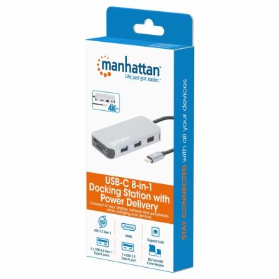 12. MANHATTAN 8-in-1 USB-C Dockingstation mit USB 3.2 Gen 1 Power Delivery, Typ-C Stecker auf HDMI Buchse, drei USB-A Anschlüssen, Gigabit RJ45 Anschluss, USB-C Power Delivery Anschluss, SD/MicroSD Kartenleser, Aluminium, Space Grau (13061)