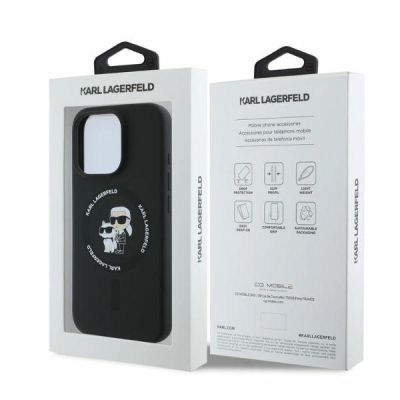 5. Karl Lagerfeld Silikonhülle mit Karl&Choupette-Kopfring und MagSafe-Motiv für iPhone 16 Pro Max – Schwarz