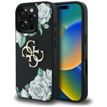 Guess Grained Roses Big 4G Logo iPhone 16 Pro Hülle - Schwarz