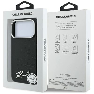 8. Karl Lagerfeld Saffiano MagSafe Hülle mit kleinem Schriftzug und Metalllogo für iPhone 18 Pro / 17 Pro – Schwarz
