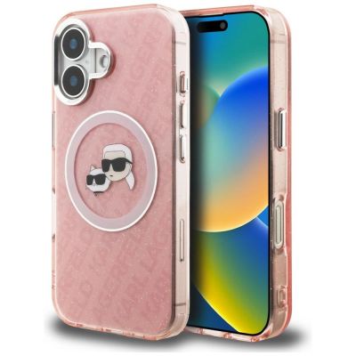 Karl Lagerfeld IML Glitter Karl & Choupette Heads Logo MagSafe iPhone 16 Hülle - Pink