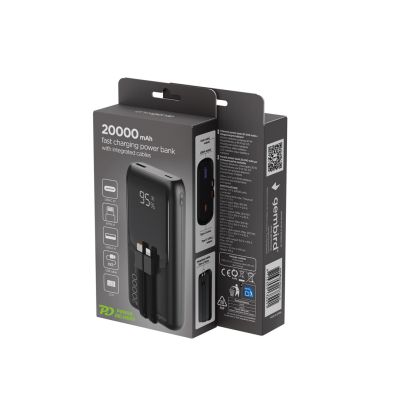 7. GEMBIRD Powerbank 20000mAh, 20W Schnellladung, LCD-Display, integrierte Kabel, Schwarz
