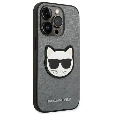 4. Karl Lagerfeld Saffiano Choupette Head Patch Hülle für iPhone 14 Pro Max - Silber