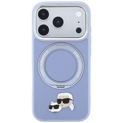 3. Karl Lagerfeld mit Ringständer 360 Karl & Choupette Köpfe Pin MagSafe Hülle für iPhone 18 Pro Max / 17 Pro Max - Hellblau