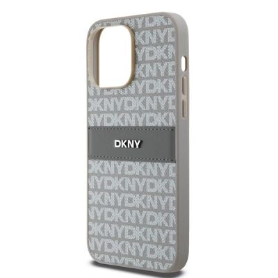 6. DKNY Leder-Monostreifen- und Metall-Logo-Hülle für iPhone 14 Pro – Beige