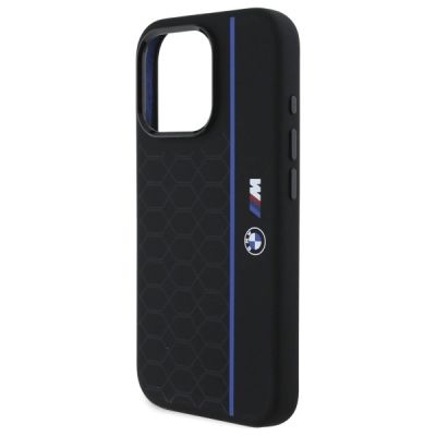 6. BMW Silikon-Hülle mit sechseckigem, blauem Streifen und MagSafe-Funktion für iPhone 16 Pro – Schwarz