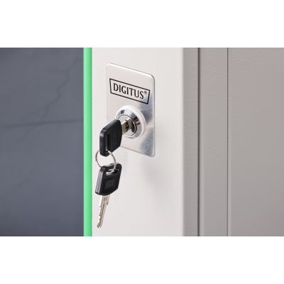 48. DYNAmic 19" 9U 600x600 Wand-Netzwerkschrank, Glastür, grau, ungeteilt, montiert, 60 kg
