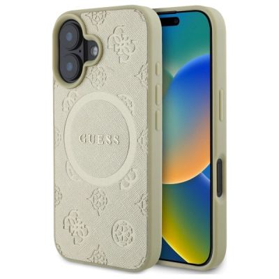 Guess Saffiano Peony Classic Logo MagSafe Hülle für iPhone 16 - Gold