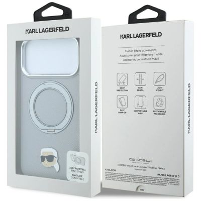 8. Karl Lagerfeld mit Ringständer 360°-Karl-Kopf-Pin MagSafe-Hülle für iPhone 18 Pro / 17 Pro – Grau