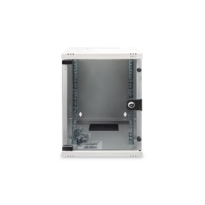 6. Wandmontierter Netzwerkschrank 10" 9U Rack 312x300, Glastür, grau, ungeteilt, montiert, 30 kg