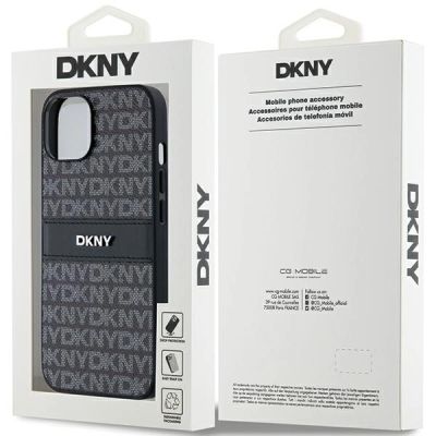 8. DKNY Leder-Monostreifen- und Metall-Logo-Hülle für iPhone 15 Plus / 14 Plus – Schwarz