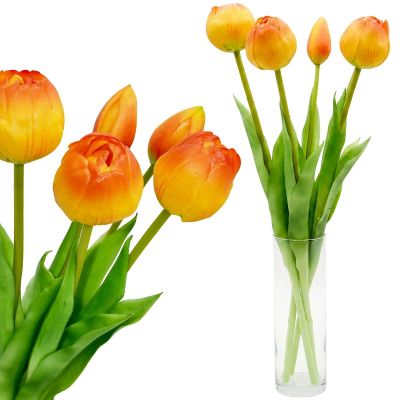 15. Strauß aus 5 orangefarbenen Pfingstrosen-Tulpen, 39 cm, naturgetreue Frühlingsdekoration