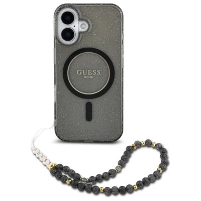 2. Guess IML Glitter With Pearl Strap MagSafe-Hülle für iPhone 16 – Schwarz