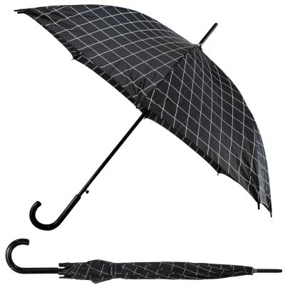 LANGER HALBAUTOMATISCHER REGENSCHIRM MIT GEBOGENEM GRIFF, SCHWARZ MIT WEISSEM KAROMUSTER SEMI LINE