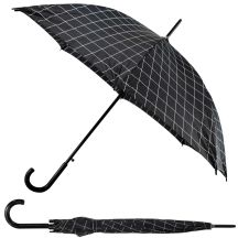 LANGER HALBAUTOMATISCHER REGENSCHIRM MIT GEBOGENEM GRIFF, SCHWARZ MIT WEISSEM KAROMUSTER SEMI LINE