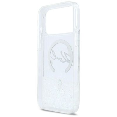 7. Karl Lagerfeld Flüssigglitzer-MagSafe-Hülle mit Karl-Schriftzug-Logo für iPhone 17 Pro Max – Transparent