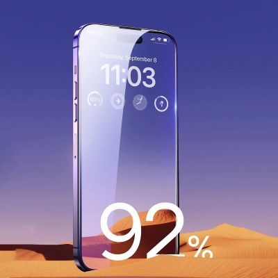 13. Baseus Vollbild-Hartglas für iPhone 14 Pro mit Anti-Blaulichtfilter und 0,3-mm-Lautsprecherabdeckung + Montagerahmen