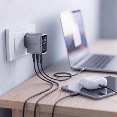 8. Tech-Protect PowerVision NC100W-GaN 3-Port PD 100W / QC3.0 Wandladegerät – Dunkelgrau