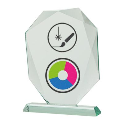 3. Glastrophäe mit LuxorJet-Farbdruck, Gravur, Farbfüllung und Etui