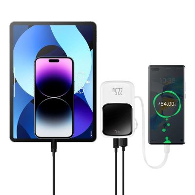 12. Baseus Qpow Digital Display Powerbank mit Schnellladung 10000 mAh 22,5 W QC/PD/SCP/FCP mit integriertem USB-C-Kabel weiß