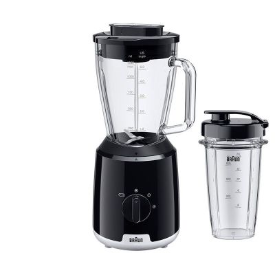 Braun JB1051BK PowerBlend 1 Küchenmaschine mit 1,5-Liter-Glasmixaufsatz und To-Go-Becher, Küchenhelfer zum Zerkleinern, Pürieren und Mixen, Eiscrushing, 2 Geschwindigkeitsstufen