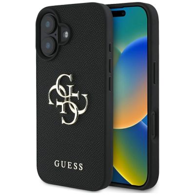 Guess Grained Big 4G Logo Small Classic Logo Hülle für iPhone 16 - Schwarz