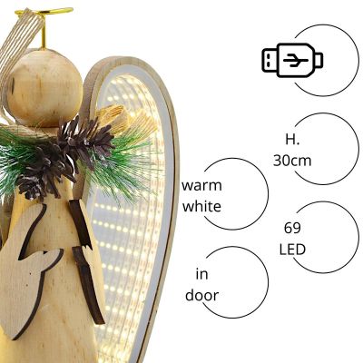 3. Dekorativer Holzengel mit LED-Beleuchtung, Höhe: 30 cm, USB-Anschluss