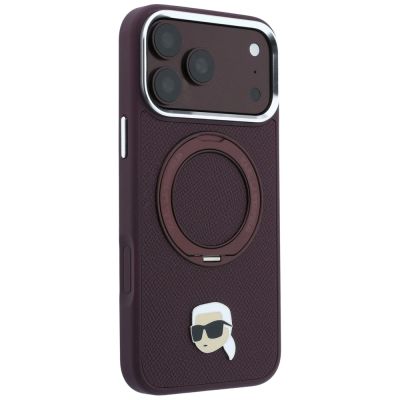 4. Karl Lagerfeld mit Ring Stand 360 Karl Head Pin MagSafe Hülle für iPhone 18 Pro / 17 Pro - bordeauxrot