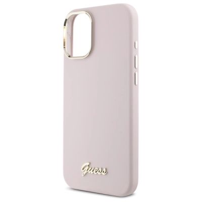 6. Guess Silikon Script Metal Logo & Frame Hülle für iPhone 16 Plus – Rosa
