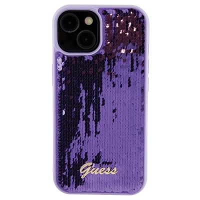 3. Guess Pailletten-Schriftzug-Metallgehäuse für iPhone 15 – Lila