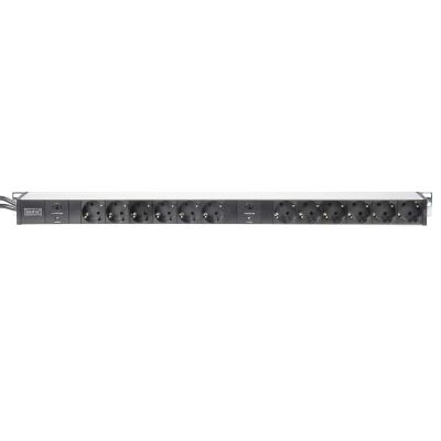 8. Vertikale PDU-Steckdosenleiste, 12x Schuko-Steckdosen, 2x (2m, Unischuko-Stecker, 16A, Überlastschutz)