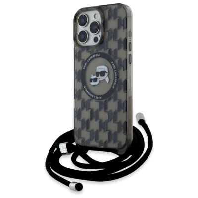 Karl Lagerfeld IML Crossbody Monogram Karl & Choupette Head MagSafe Hülle für iPhone 16 Pro Max – Schwarz