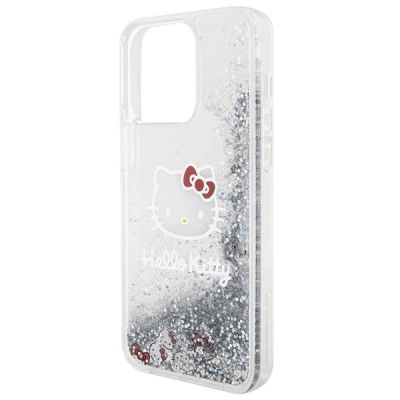 5. Hello Kitty Liquid Glitter Charms Kitty Head Hülle für iPhone 15 Pro Max – Silber