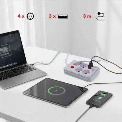 8. MACLEAN Steckdosenleiste, Verlängerungskabel mit 4 Steckdosen + 3 USB-Anschlüssen, 110–240 V Wechselstrom, 50/60 Hz, max. 2,1 A, 2500 W, 3 m, weiß, MCE393 W