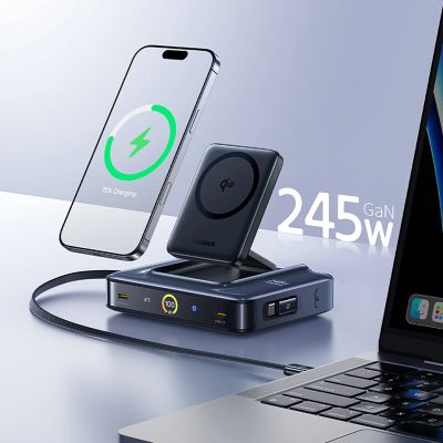 7. Baseus Nomos NH21 6-in-1 245W Kabellose Ladestation mit zwei einziehbaren USB-C-Kabeln – Schwarz