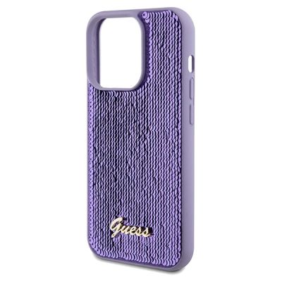 6. Guess Pailletten-Schriftzug-Metallgehäuse für iPhone 14 Pro Max – Lila